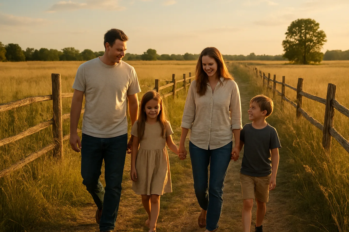 Family walking along inherited rural property