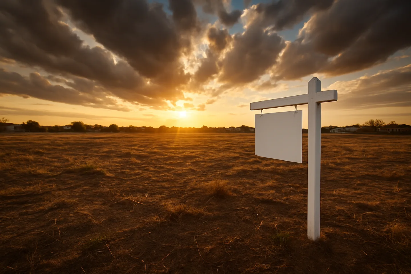 Vacant land parcel with real estate sign at golden hour