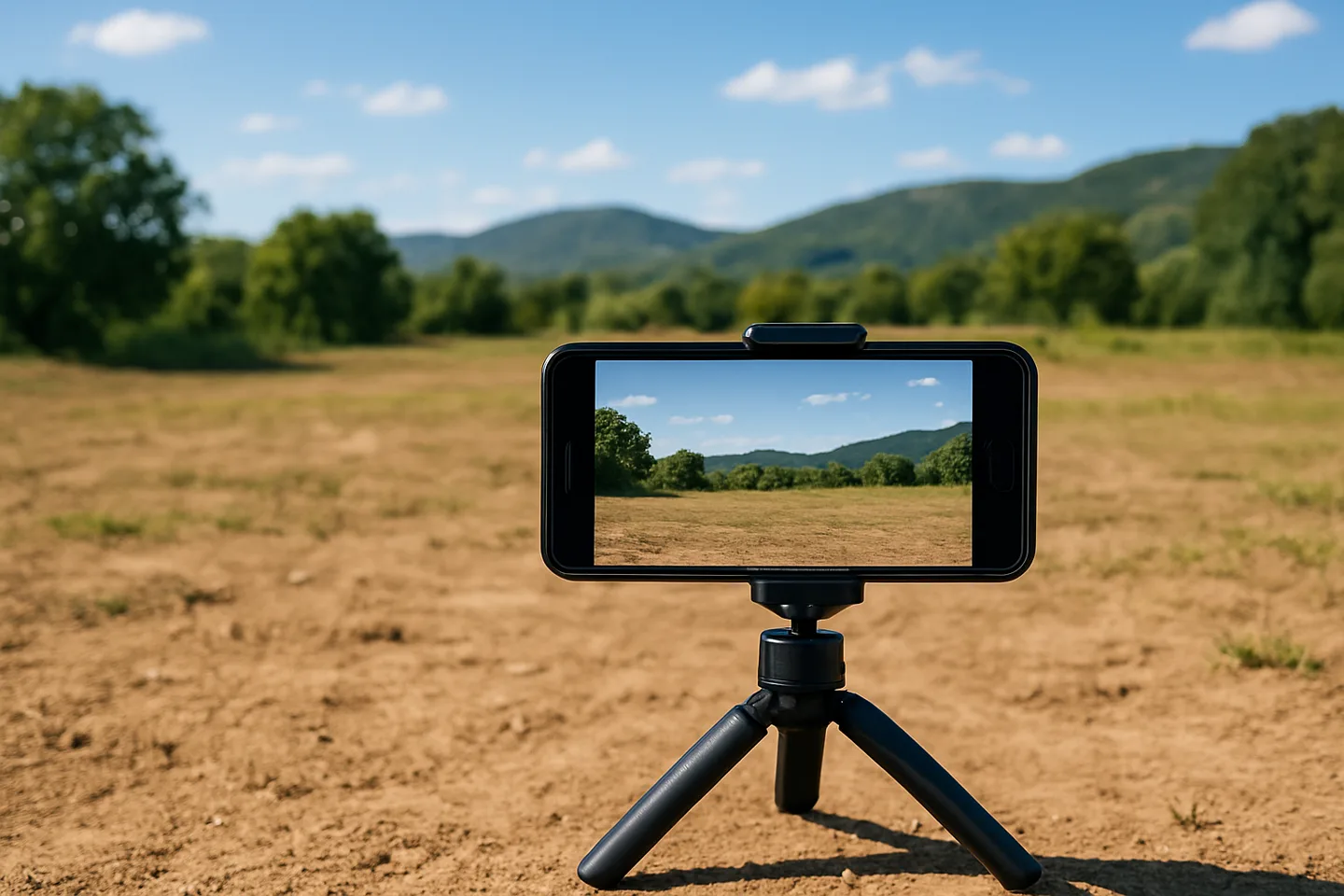Smartphone on tripod photographing a vacant land parcel