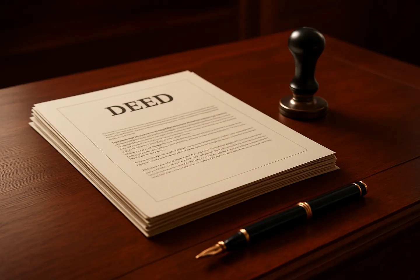 Legal land deed with notary stamp and fountain pen on desk