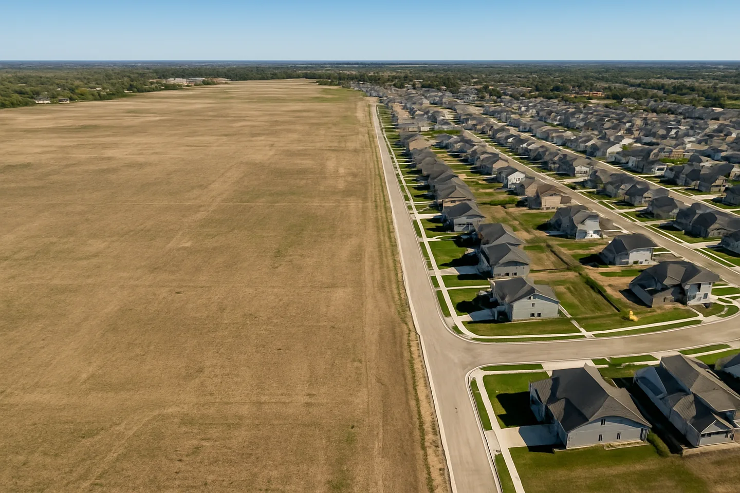 Aerial view of undeveloped land next to new construction