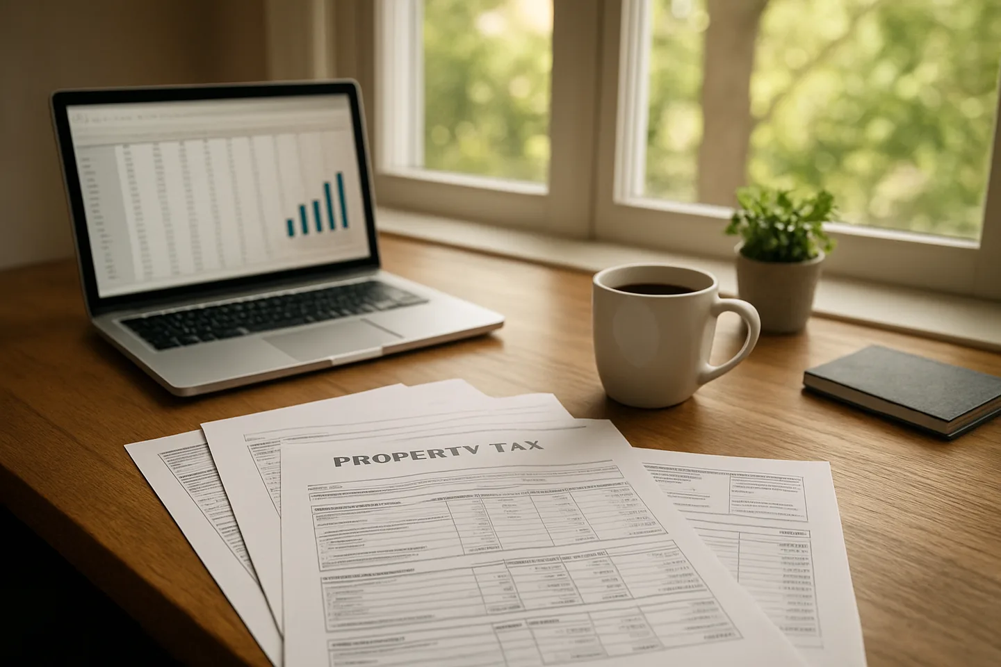 Property tax documents and laptop on a desk