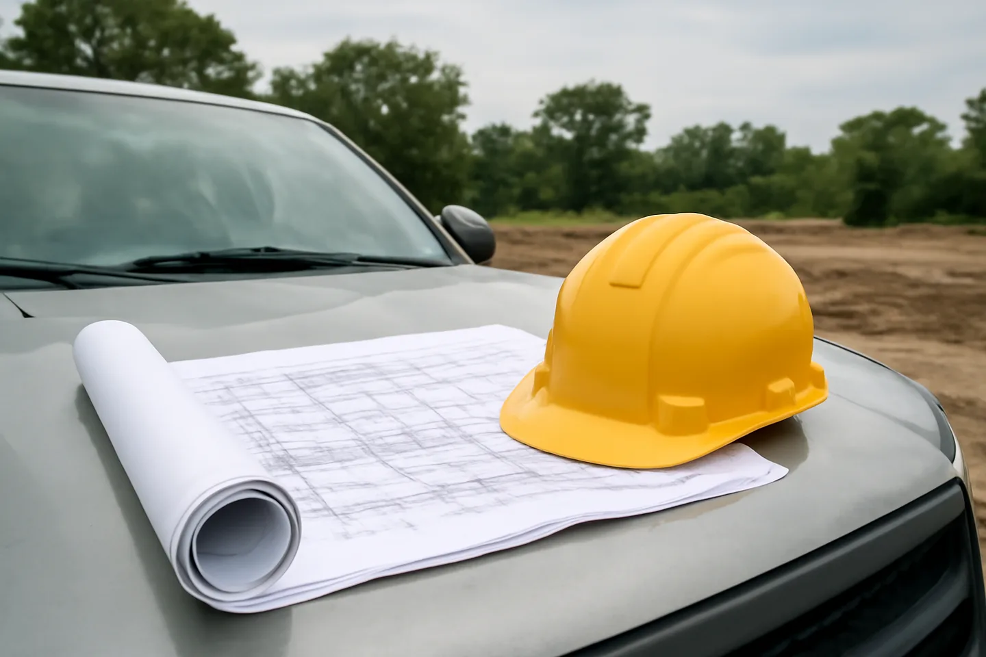 Blueprints and hard hat on a truck hood at a construction site