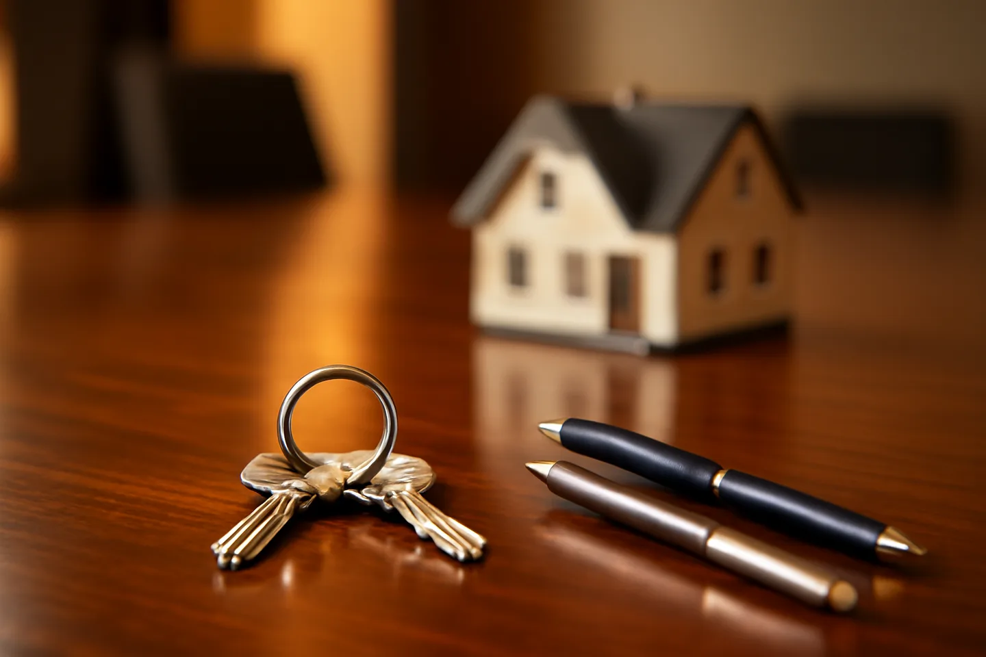 Property closing table with signed documents and keys from above