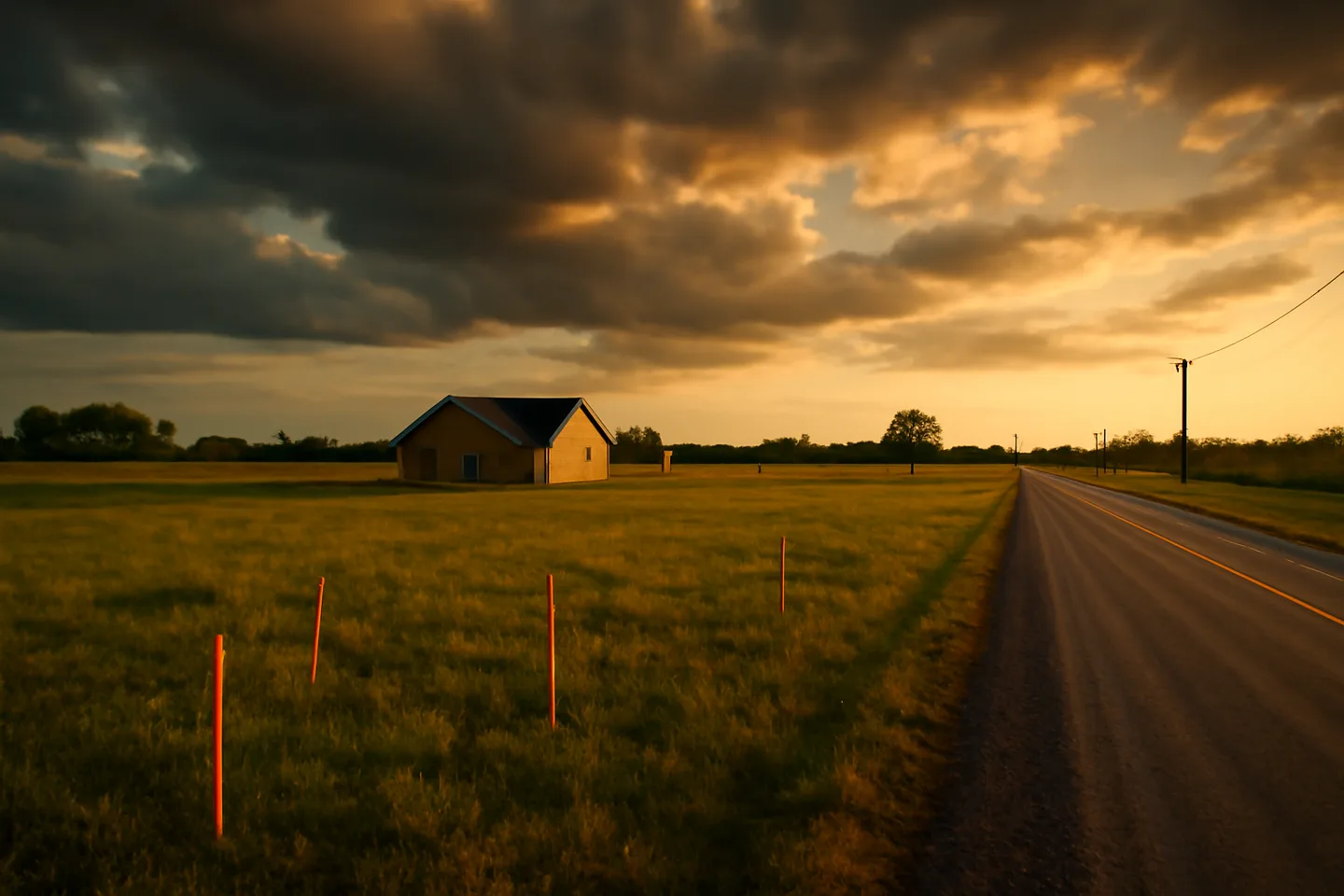Rural property with survey stakes along a county road