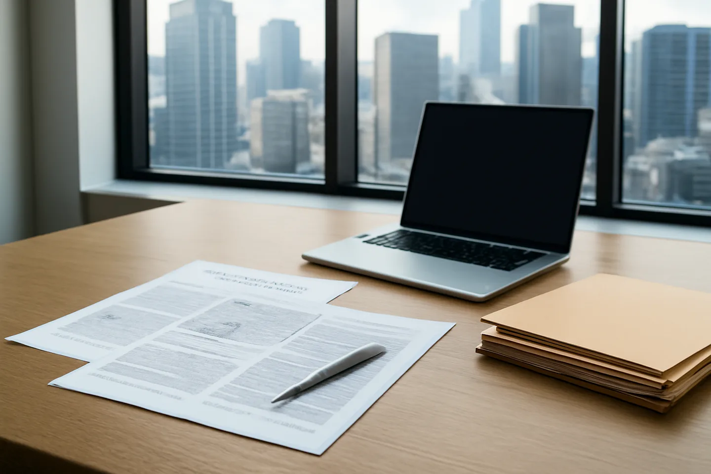 Professional office with property documents and city view