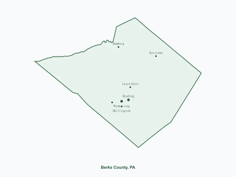 Map of Berks County, PA showing major cities