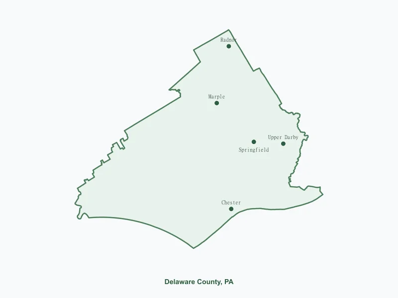 Map of Delaware County, PA showing major cities