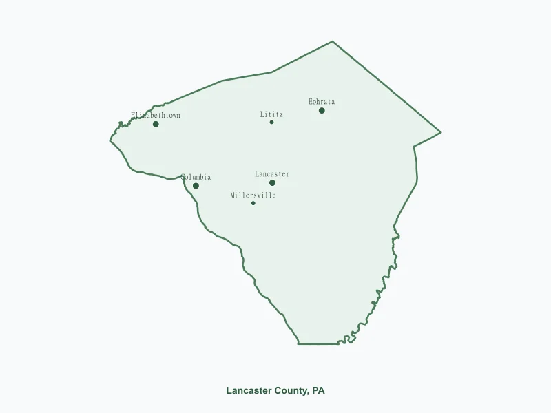 Map of Lancaster County, PA showing major cities